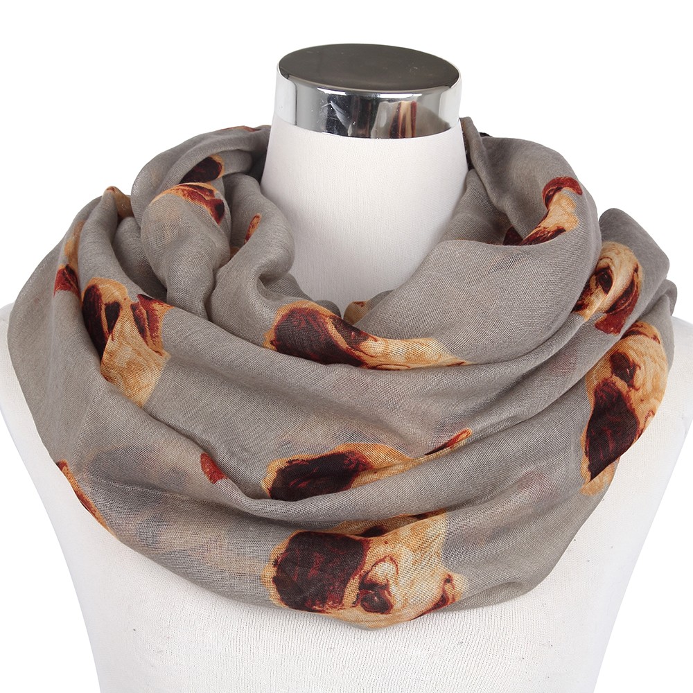 Pug Dog Print Scarf Womens Shawl Maroon Navy Pink Grey Gift Wrap