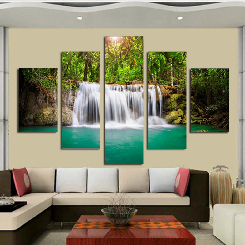 Unframed 5 panel The Moving Waterfall Large HD Home Decorative Picture Wall Art Print Modern Painting On Canvas For Living Room