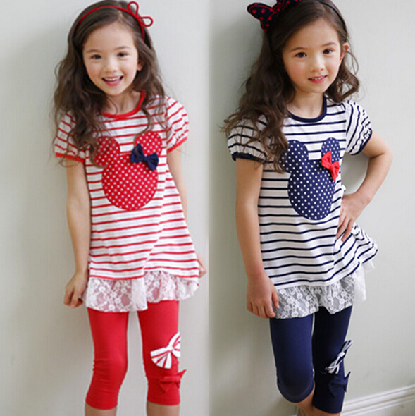 2015 Girls clothing Sets Outfits Suits striped Mickey head top Tees bow trousers kid wear Children T Shirt+ Capris