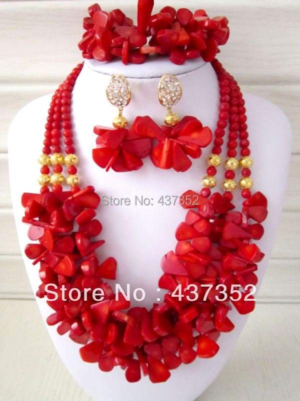 African Nigerian Wedding Red Coral Beads Jewelry Sets Fashion Bridal Jewelry Set Free Shipping CWS-093