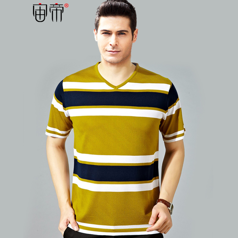 2016 new summer T shirt male striped short sleeved V collar middle aged