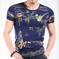 Fashion Cotton Fitness Short Sleeve Men T shirt Tee Bird and Flower Print O neck Hip