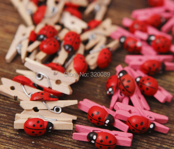 100pcs Natural and Pink Mixed 25mm Wood Pins With Ladybugs Wooden Clothespins Pegs Baby Shower Wood Crafts Scrapbook Wedding