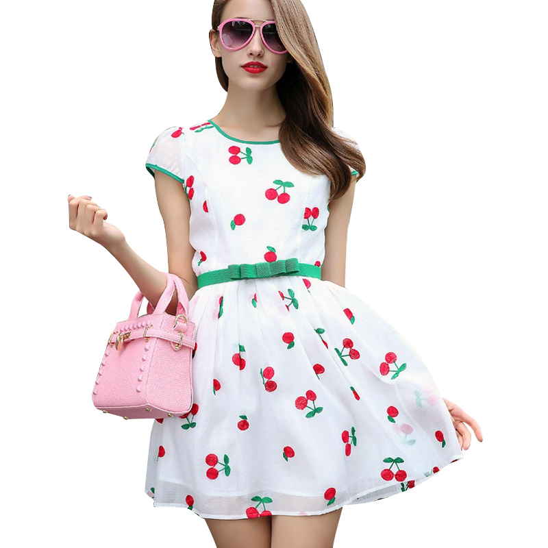 Women Summer Dress Big Swing  O-neck Short Sleeve Cherry Printed  White Dress Elegant Dresses Vestidos YHM1760