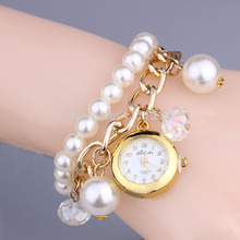 Nuevo 2015 moda de cuarzo relojes casual watch women watch vestido de perlas pulseras de cadena reloj chapado en oro regalo navidad del reloj