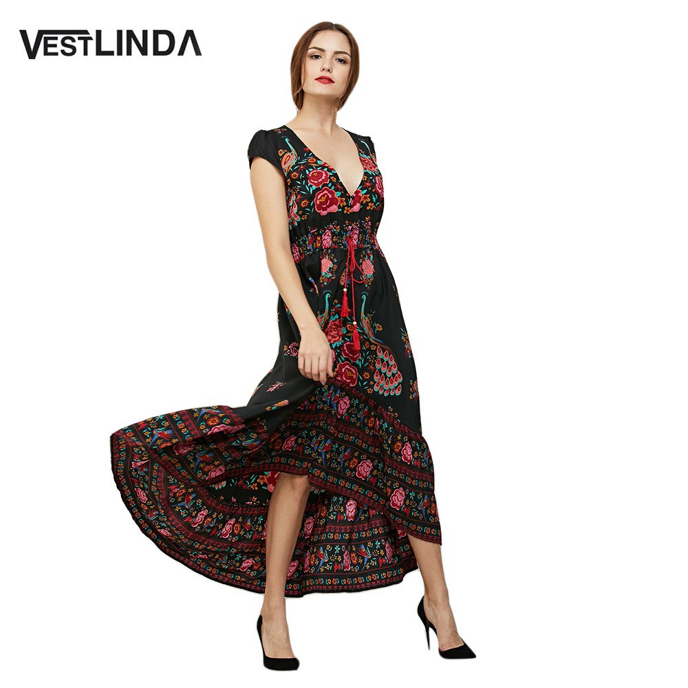 VESTLINDA Floral Print Maxi Dress Women Vintage A-Line Short Sleeve V Neck Empire Summer Sun Dresses Ankle Length Long Dress 1