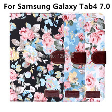 50pcs wholesale case for samsung galaxy tab4 7.0 tablet pu leather flower case with card slot and stand holder free shipping