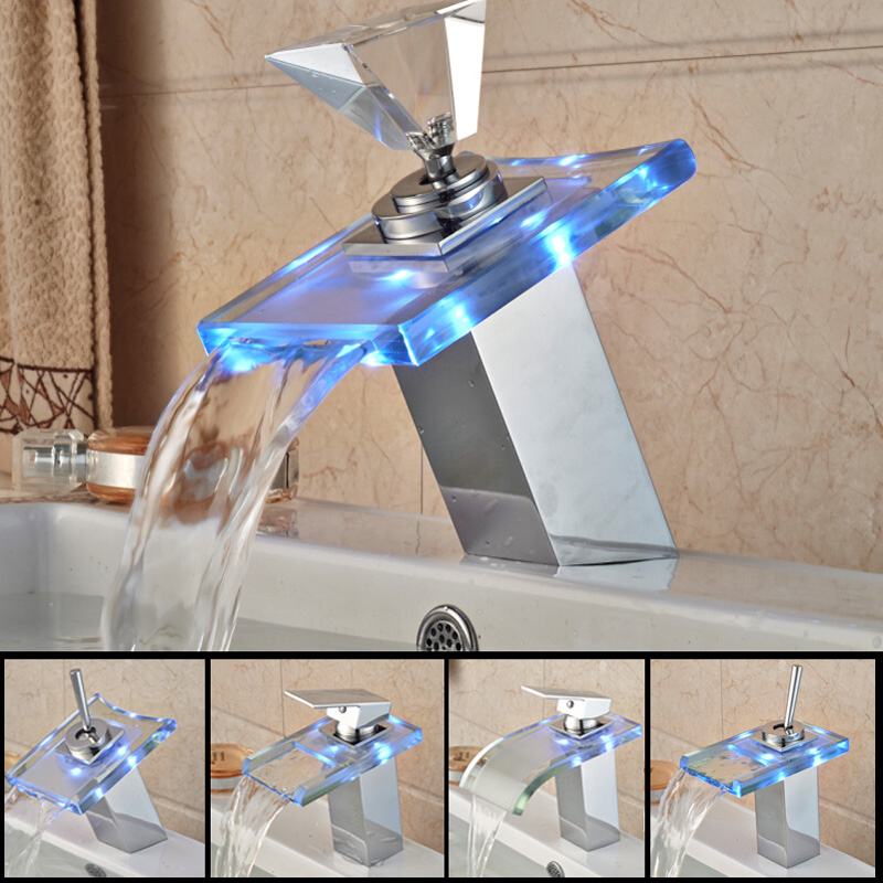 Free Shipping Waterfall LED Basin Faucet Deck Mount Glass Spout Bathroom Mixer Taps Chrome Finished Free Shipping Waterfall LED Basin Faucet Deck Mount Glass Spout Bathroom Mixer Taps Chrome Finished