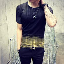 2016 New Patchwork Color Stripe Slim Short Sleeved T-Shirt Men Summer Mens T Shirts Fashion 2016 Personalized Tee Shirt Homme