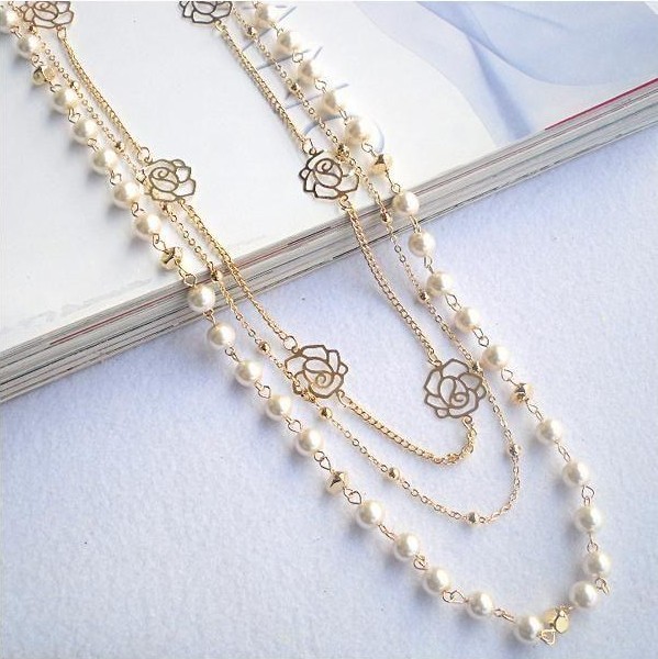2014 hot Pearl flower pendant White Rose Long necklace woman Rhinestone fashion jewelry nj 12