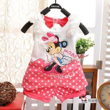 2016 New summer style set girl baby Fashion cartoon pattern sleeveless openwork vest + shorts Bow dot Set Kids clothes set
