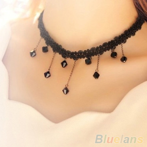 Women Black Beads Pendant Crystal Bib Chain Jewelry Collar Choker Necklace 1PYL 2TS9