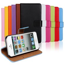 Plain Genuine Leather Case for Apple iPhone 5 / 5S (4.0″inch) Wallet Flip Stand Cover Magnet Button Cellphone Case & Card Slot