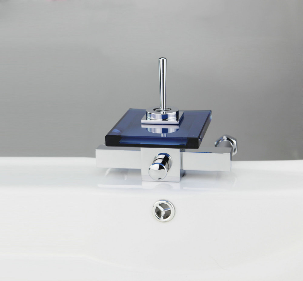 Фотография Waterfall Spout New Brand Blue Wall Mounted Chrome brass bathroom bath sink mixer tap great faucet JN8205