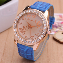 Exquisite Butterfly Pattern Women Watch 2015 New Brand Full Rhinestone Casual Watch Leather Strap Wristwatch Analog