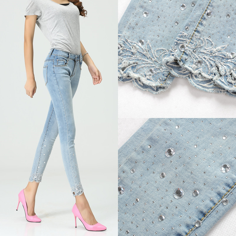2015 summer women's pencil pants casual skinny Lady jeans at high waist jeans skinny Light blue stretch pants