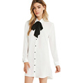 2016 Retro Hit Color Bow Tie Shirt Dress Casual Turn down Collar Long Sleeve Dovetail Mini