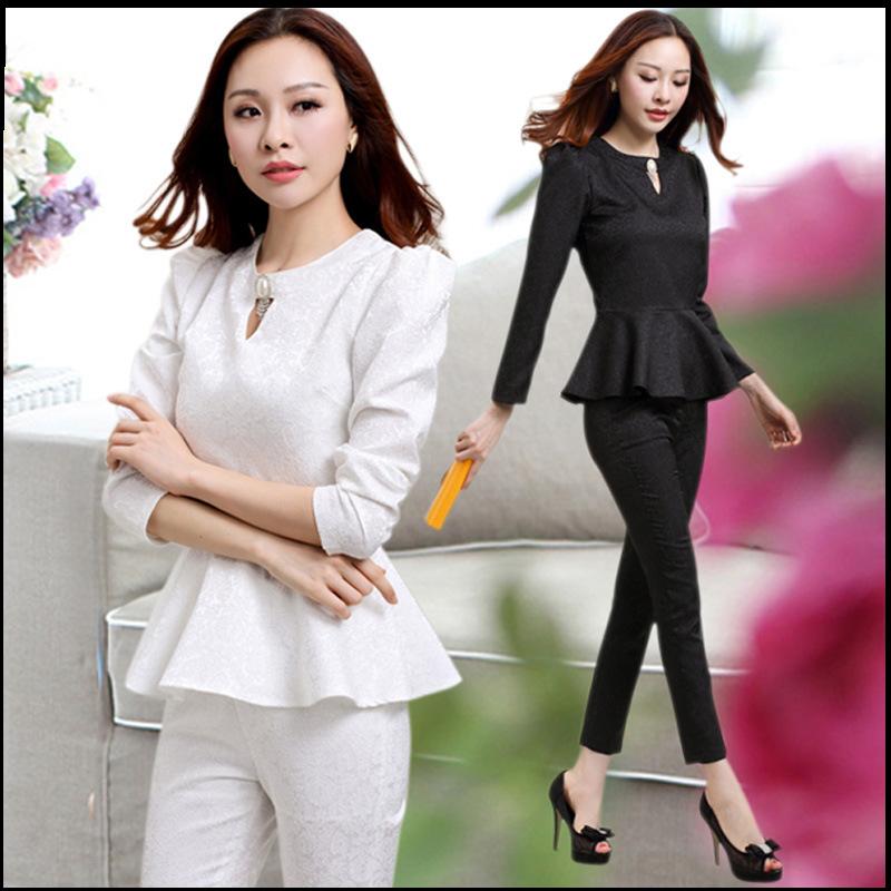 2 шт. комплект элегантных женщин брюки костюмы новый 2015 бизнес блейзер костюмы с брюками мода офисные дамы костюмы черно-розовый белый