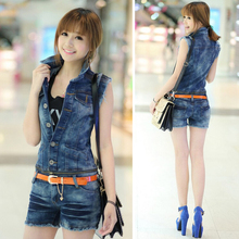 one Pieces Korea lady loose ripped denim overalls casual denim shorts pants suspenders Jumpsuits Rompers women jeans 1 set