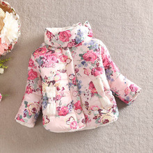 Drop shipping girls warm coat 2015 new baby winter long sleeve flower jacket children cotton-padded clothes kids christmas outwe
