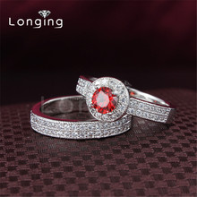 Longing S925 Sterling Silver Jewelry Ruby CZ Diamond Ring Sets Double Rings antique Wedding Jewelry For