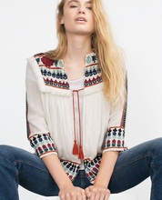 ZA Ref 7521/020 Summer 2015 womens new White Blue Embroidered Cotton Linen Fringed Cape jacket with tassles