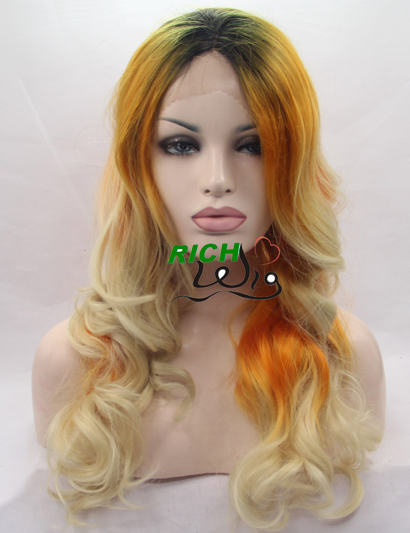 Фотография Multi Colored Wigs for Women Lace Front Ombre Synthetic Wig with Dark Roots Heat Resistant 100% Fiber Hair Body Wave