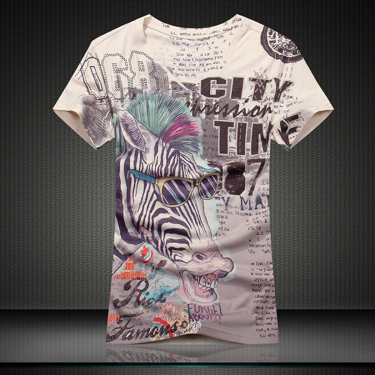 t shirt men 2015 New summer vintage short sleeve v neck 3d horse animal printed fashion