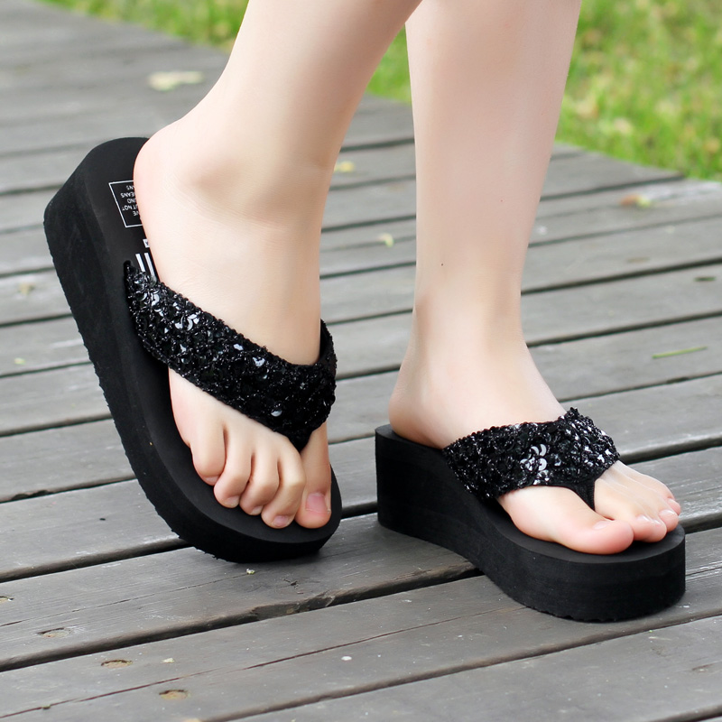 2016 new fashion summer flip flops women Bohemia style 5cm High heels bling shoes beach sandals cansual shoes women summer