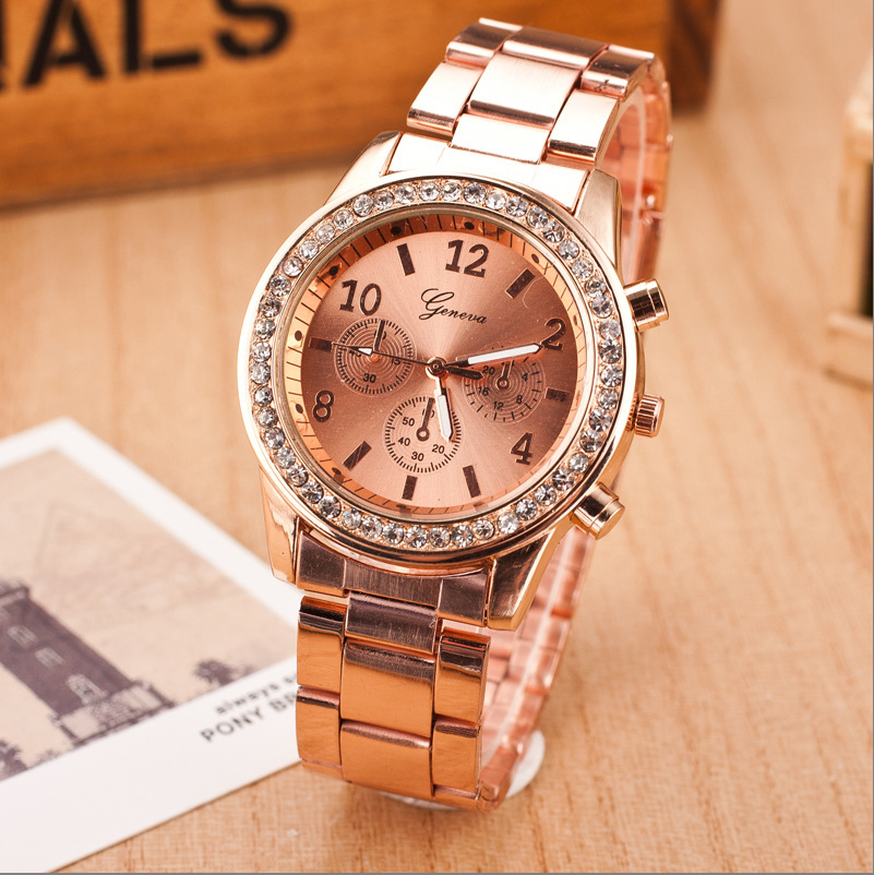 2015 New Brand Rosy Gold Geneva Casual Quartz Watch Women Crystal Stainless Steel Dress Watches Relogio Feminino Ladies Clock