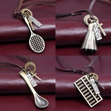 Trendy Genuine Leather Necklaces Abacus/Badminton/Spoon/Racket Shape Pendant Necklace Vintage Jewelry Accessories Wholesale