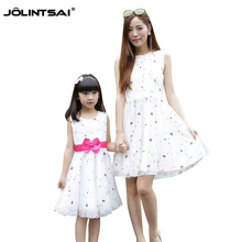 Summer Veil Dress 2016 Embroidery Matching Mother And Daughter Dresses Women Sleeveless Girl Clothes Bow Cute Family Clothing