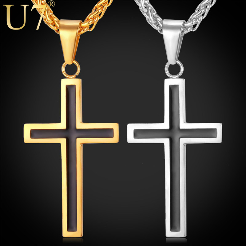 Cross Necklace For Men Jewelry 316L Stainless Steel 18K Gold Plated Religious Christian Black Cross Pendant