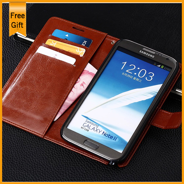 Luxury PU Leather Wallet Stand Flip Style Case for Samsung Galaxy Note 2 II N7100 Phone Cover Housing with Card Holder Drop SHIp