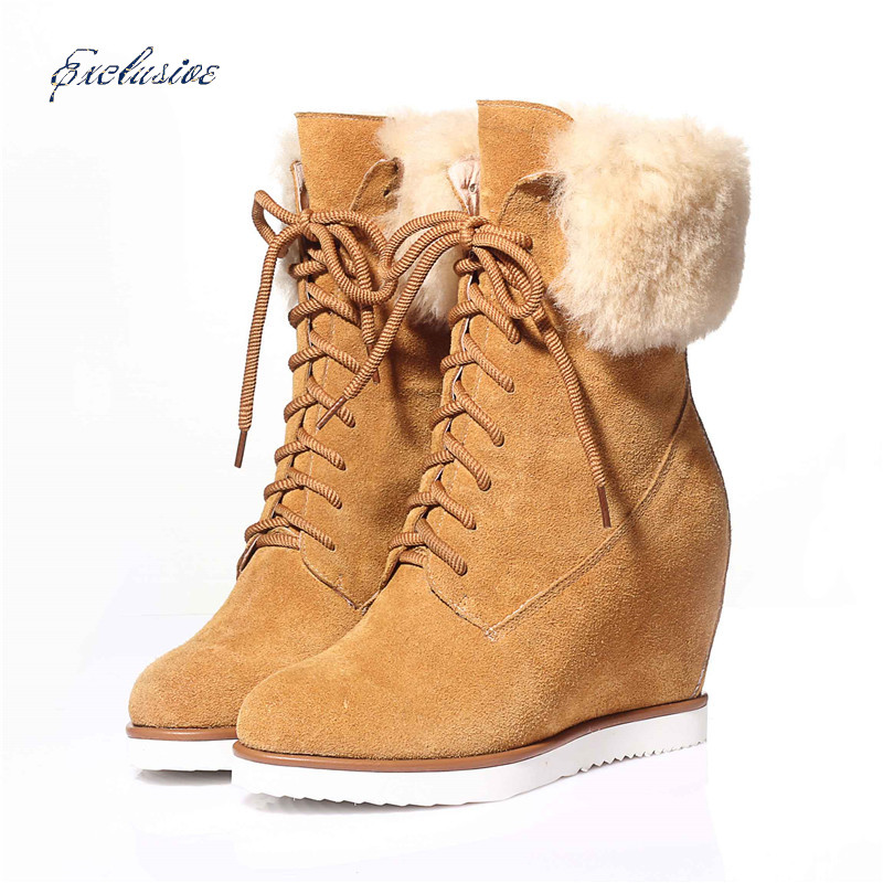 2015 Woman Wedges Ankle Boot Winter Short Plush Lace-Up Feathers Pointed Toe Shoe Brown High Quality Cowhide Wedges Ankle Boots