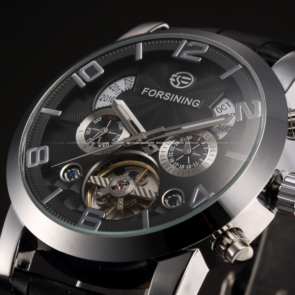 2015 Forsining Horloges Mannen Tourbillion Day Mechanical Auto Leather Watch Men Wristwatch Christmas Gift Gift Box