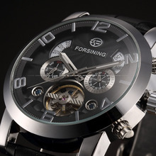 2015 Forsining nuevos día Tourbillion auto mecánica del viento hombres del reloj de cuero de regalo navidad + caja de regalo envío gratis