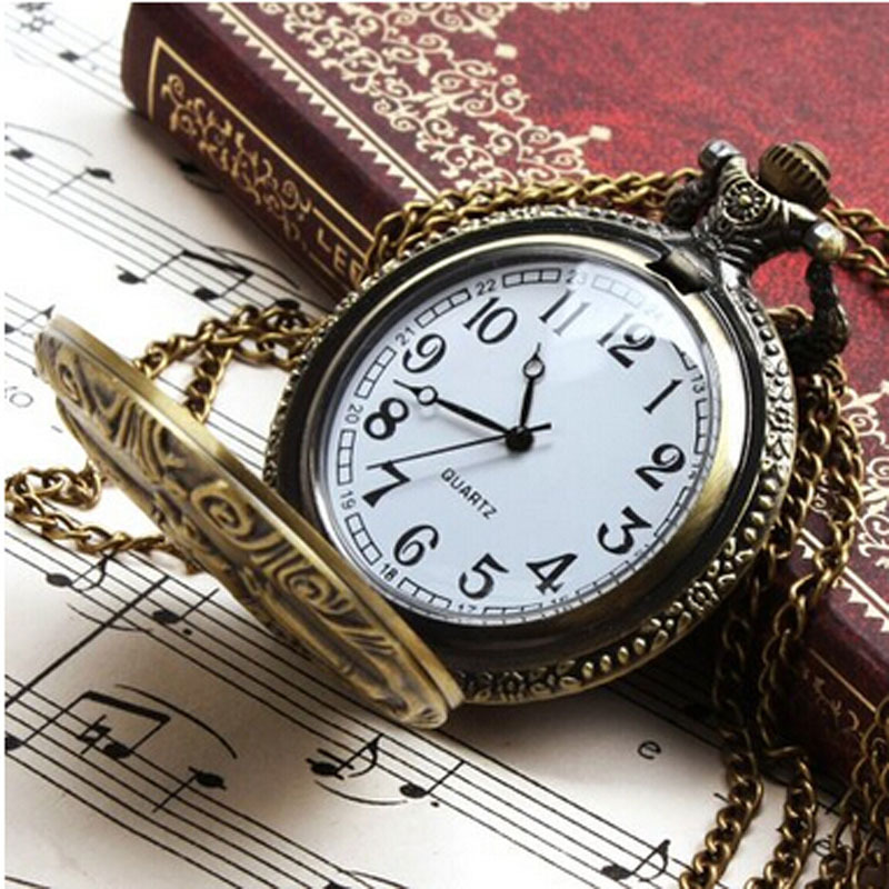 Popular 2015 Unisex Antique Case Pocket Watch Women Vintage Brass Rib Chain Quartz Pocket Watch Train