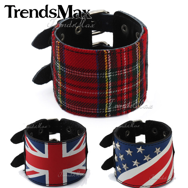 Leather Bracelet Punk Black UK Britain US American Scottish font b Tartan b font Plaid Wristband