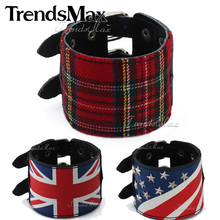 Leather Bracelet Punk Black UK/Britain US/American Scottish Tartan Plaid Wristband Studs Buckle Adjustable Mens Womens LBM11