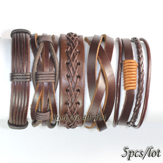 5PCS Vintage brown wristband wholesale handmade genuine real leather bracelets men bangles for women Pulseira Masculina