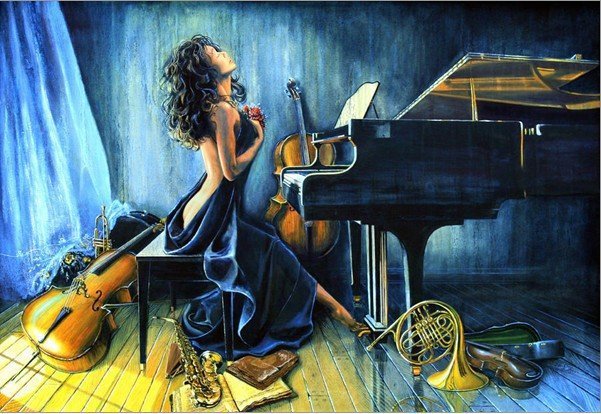 Instrumentos-musicales-pintada-a-mano-pintura-al-%C%Bleo-sobre-lienzo-Hanne-Lore-Koehler-With-pasi%C%Bn-mujer