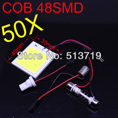 50X Wholesale 6W COB Chip 48 led LED Car Vehicle LED Panel Car Interior Light T10 Festoon Dome light Adapter 12V Free shipping