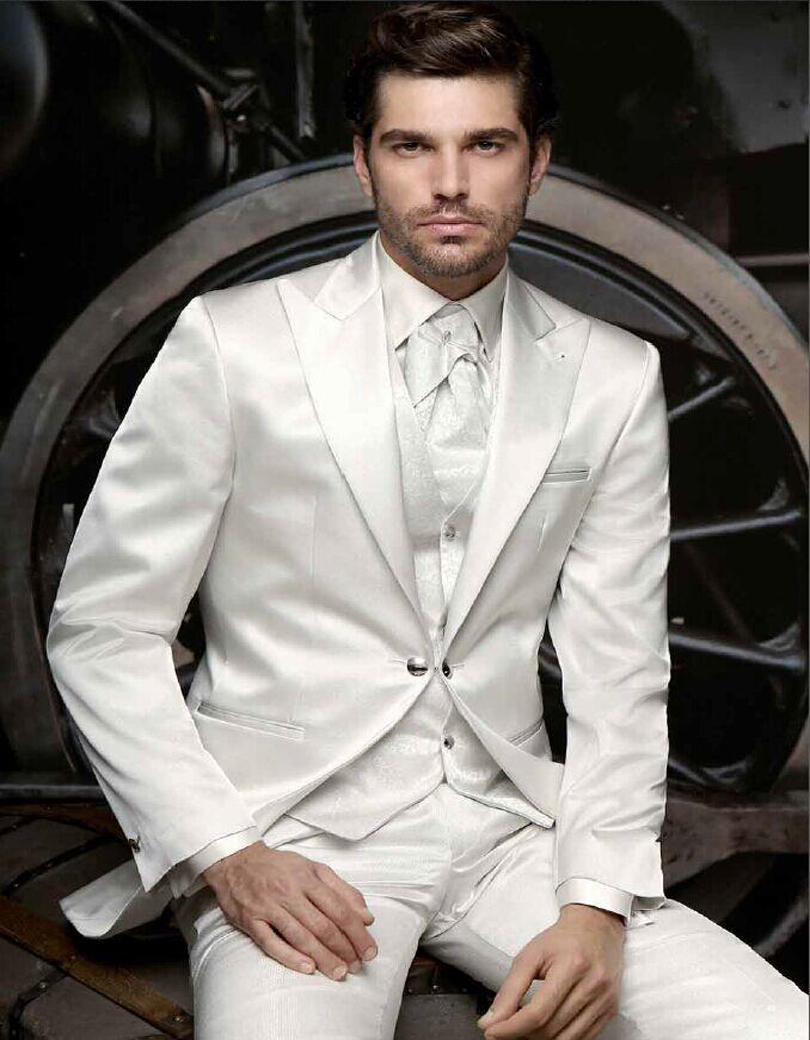 2016 Slim Fit Mens Suits White Wedding Suits For Men Peaked Lapel Tuxedos One Button Groom Suits (jacket+pants+vest+tie)