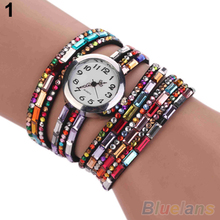 Woman Exotic Multi Layers Colorful Beads Crystals Quartz Bracelet Wrist Watch 28E7
