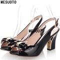MESUOTO Sweet Bowtie Air Open Toe Patent Leather Slip On Square Heel Womens Sandal Summer Style