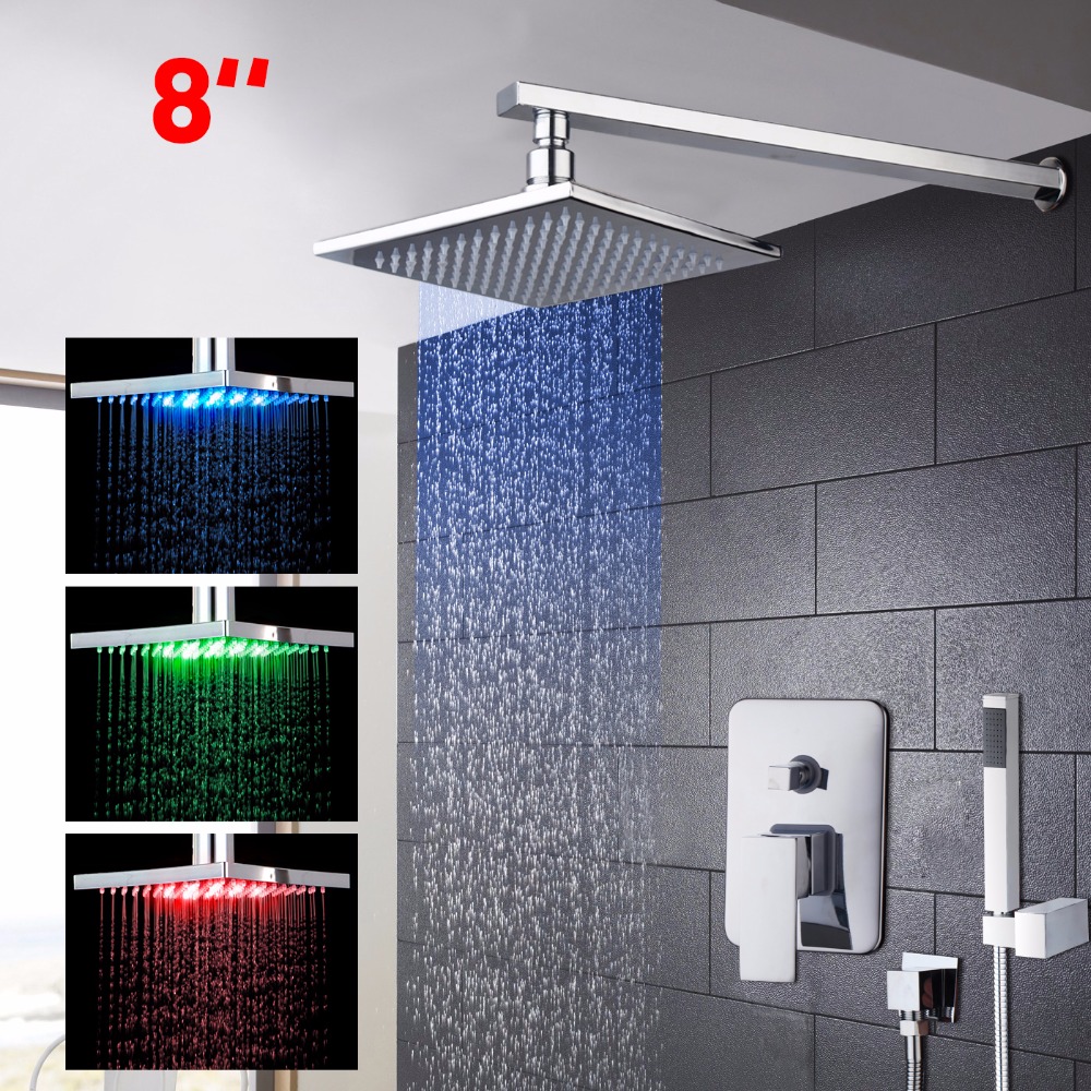 LED Three Color Changing Bathroom Shower Set Brass Chrome Wall Mounted Shower Faucet 8