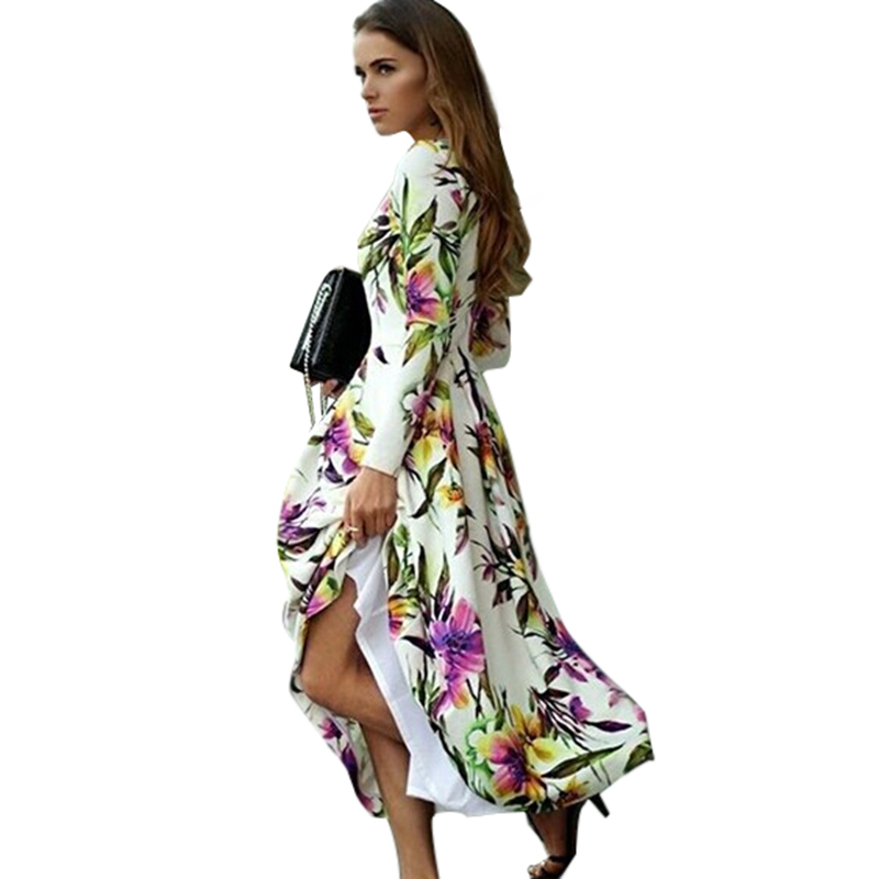 2015 Autumn Women Dress Long Sleeve Prited Flowers Casual Floor Length Women Maxi Dresses  HZAM