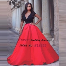 2016 New Arrival Red Vestidos De Fiesta Robe De Soiree Short Sleeves Satin Arabic Evening Dresses Sexy V-neck Party Gown AR320