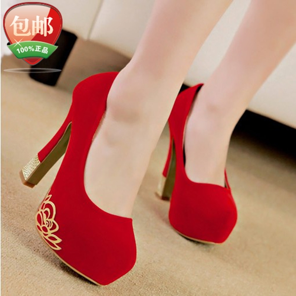 New bridal shoes 2014 spring Fashion sexy platform thick heel red wedding shoes shallow mouth work single shoes female